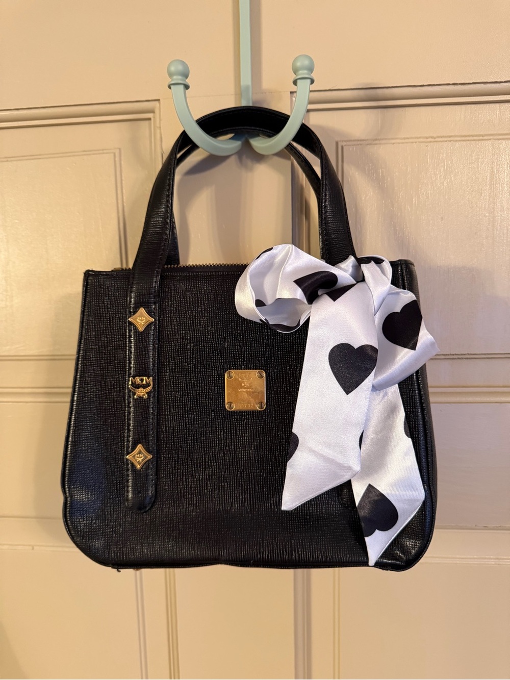 MCM Black Textured Leather Satchel with Heart-Print Scarf